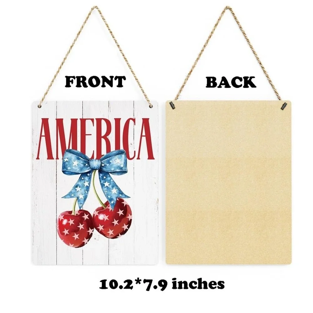 BELLOWDEER America Patriotic Wall Art Sign 4th of July Cherry Bow Decor 10x8